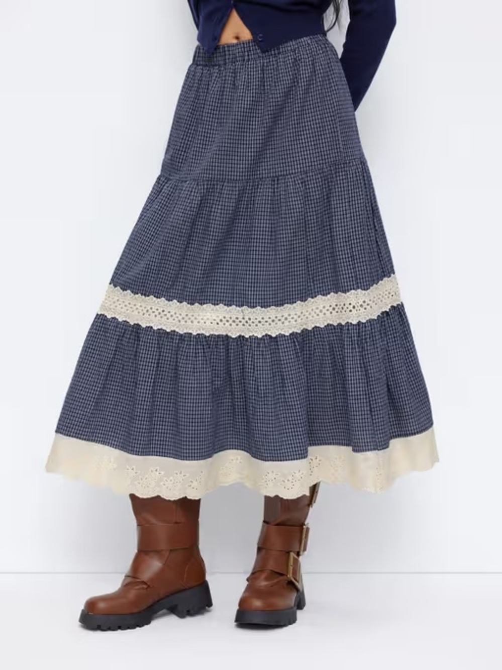 Creamon Tiered Navy Gingham Midi Skirt with Eyelet Trim NEW